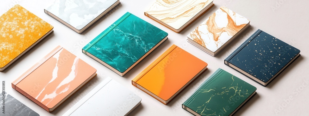 Poster colorful notebooks with abstract designs on a light background