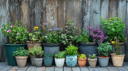 Fototapeta premium A collection of outdoor potted plants arranged on a wooden deck