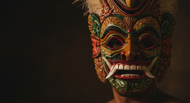 A performer sports a vibrant, intricately designed mask, celebrating cultural heritage