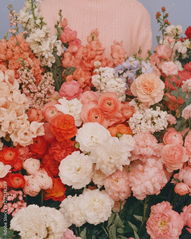 Aufkleber editorial-style shot of a florist displaying an assortment of neatly organized flowers, set against
