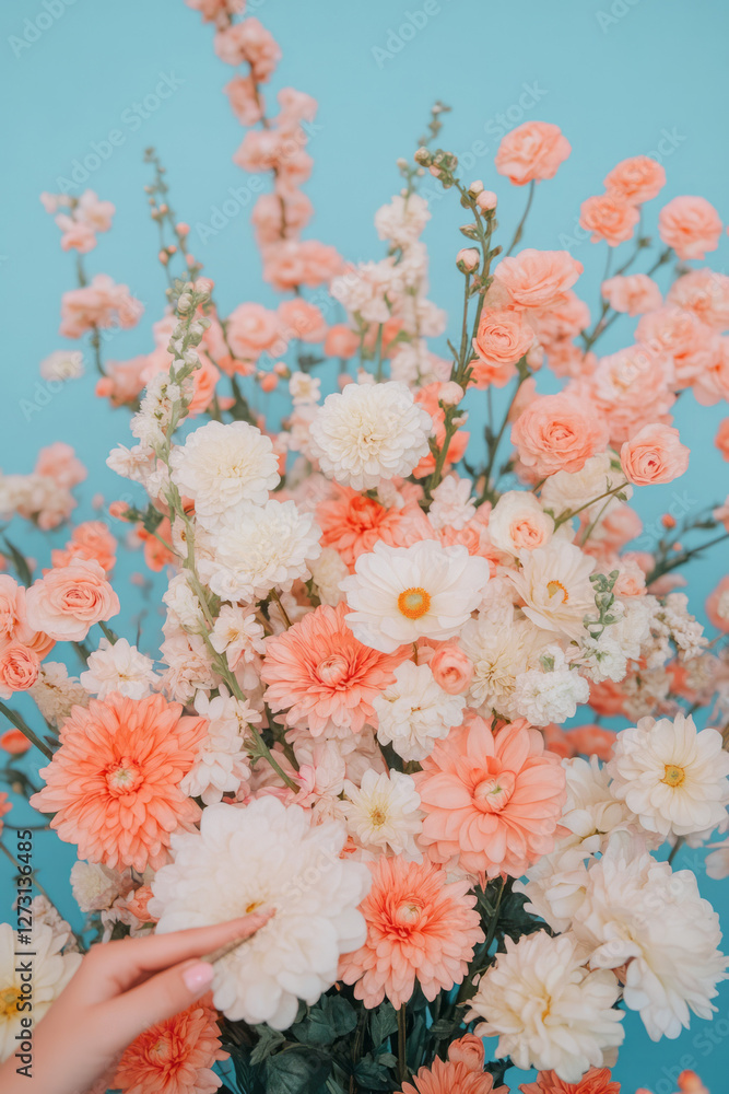 Aufkleber softly lit composition focusing on a florist measuring stem lengths, with a pastel backdrop adding
