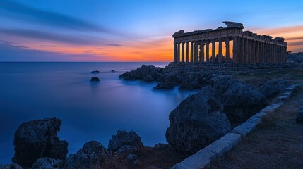 Obraz premium Sunset at ancient coastal temple ruins
