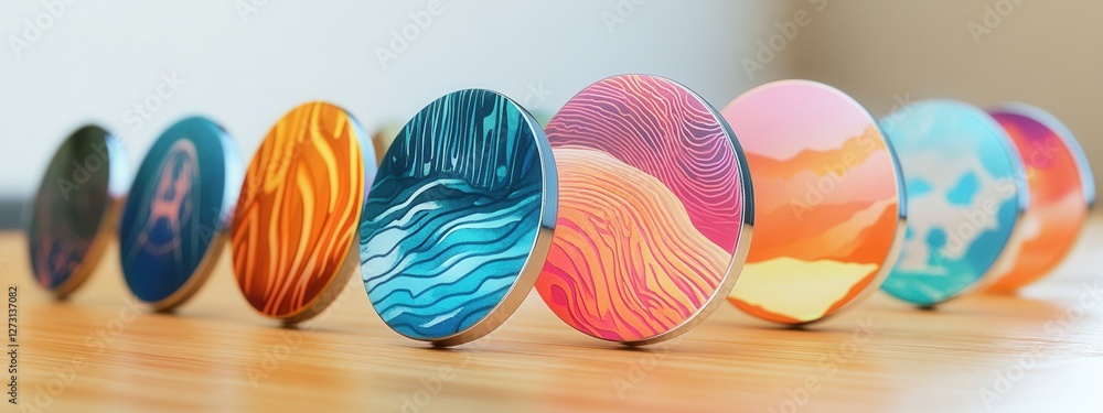 Poster colorful circular tokens with abstract artistic designs on display
