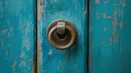 A close-up of a vintage door knocker on a weathered turquoise wooden door, showcasing texture and color, Ideal for themes of architecture, home decor, or nostalgia,