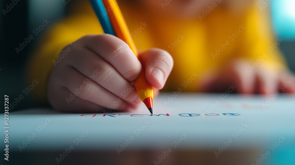 Poster Detail-oriented image highlighting a childâ€™s hand tracing letters with a supportive instructor