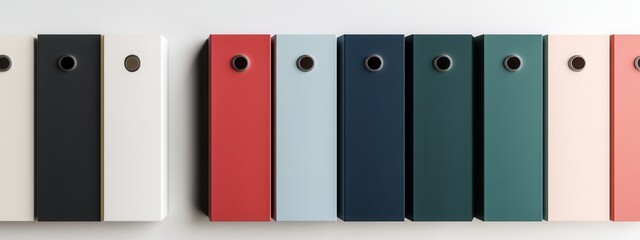 Colorful file organizers arranged in a neat row on white surface