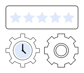 Two gear icons, one with a clock, and a row of five stars representing productivity, quality, and time management. Ideal for business, performance, rating, workflow teamwork efficiency abstract