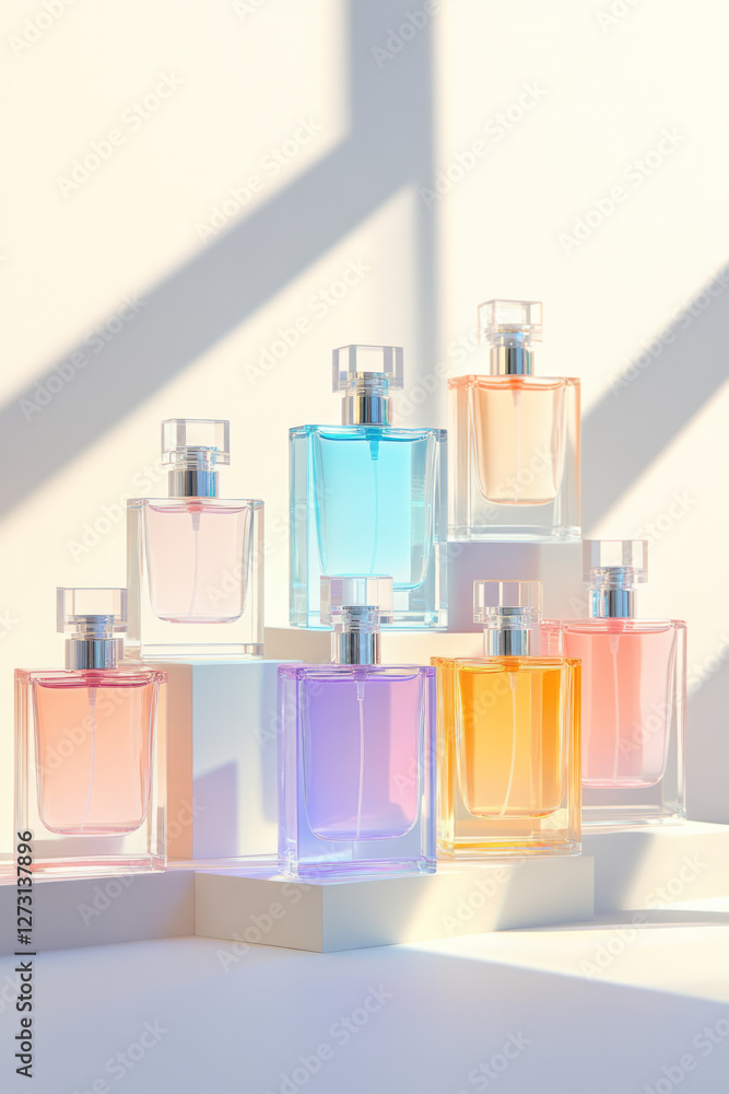 Aufkleber brightly lit studio image featuring multiple perfume bottles in pastel hues arranged on a neutral