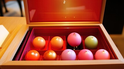 Colorful spheres in luxury box, hotel lobby