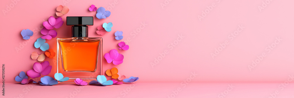 Poster modern concept featuring a perfume bottle surrounded by floating petals, emphasizing scent in a
