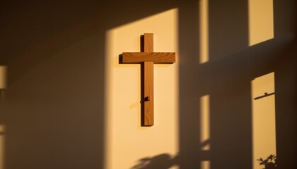 Naklejka premium Wooden cross casting shadows on wall, symbolizing depth and faith