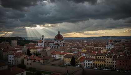 Fototapeta premium Ominous storm clouds over ancient cityscape, reflective mood