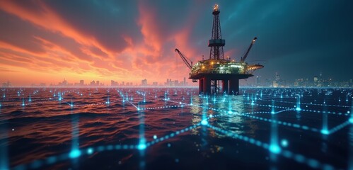 Experience the fusion of nature and technology with this stunning oil rig image, showcasing advancements in energy and digital connectivity against a vibrant sunset backdrop.