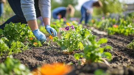 Fototapeta premium A community garden filled with blooming flowers, vegetables, and happy gardeners