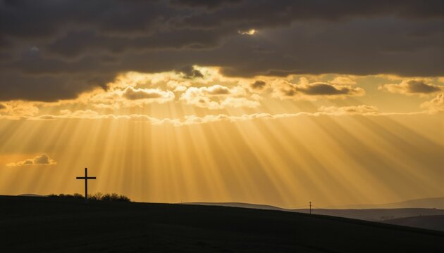 Golden rays illuminating cross on hill beneath dark clouds, divine inspiration