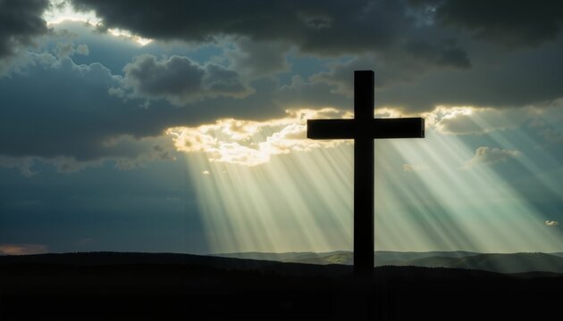 Dramatic cross silhouette against stormy sky, hope and faith - Powered by Adobe