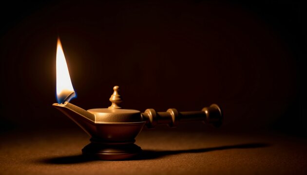 Flickering flame from ancient oil lamp in dark setting, biblical symbolism