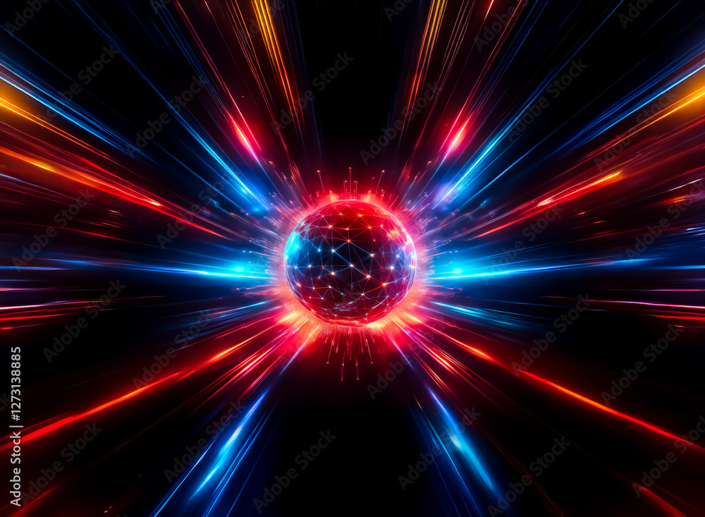 Poster a central sphere with connected points emits bright red and blue beams spreading outwards on a black