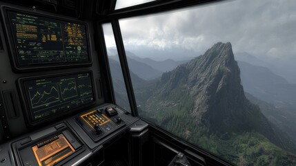 A futuristic cockpit displays various monitoring screens overlooking a majestic mountain landscape, Ideal for technology, aviation, or environmental projects