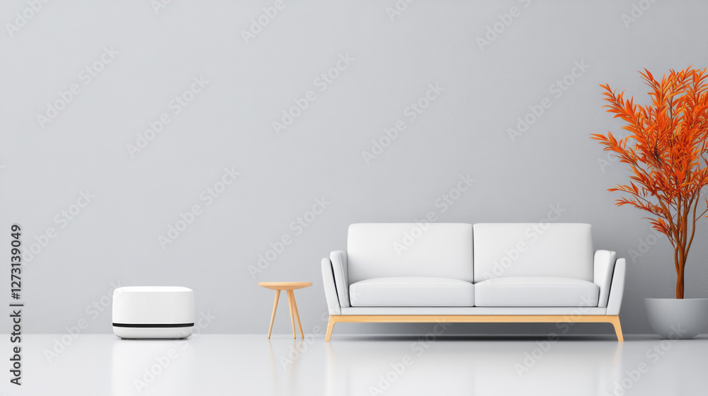 Poster editorial-style photo of a minimalist living space with smart home devices, emphasizing clean lines