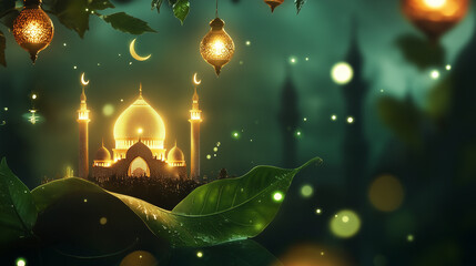 Golden Mosque with Lanterns Amid Dreamlike Greenery During Festival Night