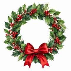 Festive Holiday Holly Wreath with a Classic Red Bow Decoration for a Merry Christmas Season