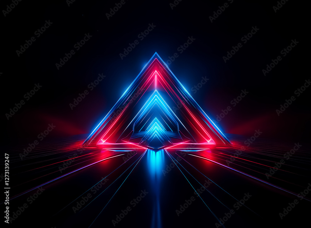 Poster vibrant triangular shape outlined in neon blue and red lights on dark backdrop. light rays emanate, 