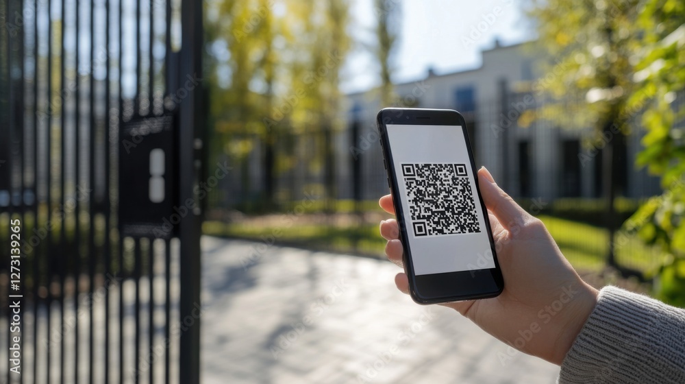 Wall mural qr code scanning for unlocking a gated community entrance. featuring security and technology