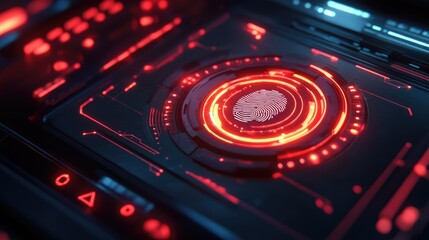 Obraz premium Cyberpunk Fingerprint Scan: Red Neon Futuristic Interface