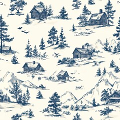 Rustic Toile Log Cabin Mountain Seamless Pattern Design for Fabric and Wallpaper