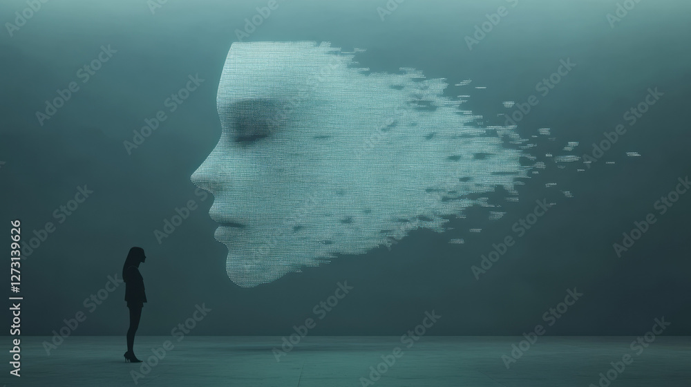 Poster contemporary silhouette capturing a stylized ai avatar projected on a large digital display,