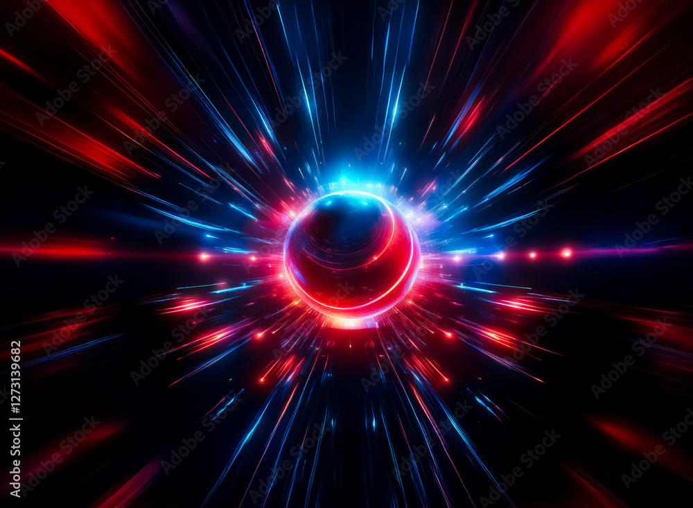 Poster abstract sphere emits vibrant red and blue rays, creating a dynamic burst of light and energy agains