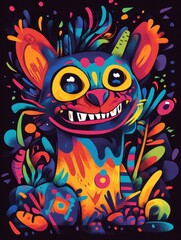 Colorful Cartoon Cat Character Surrounded by Vibrant Flora