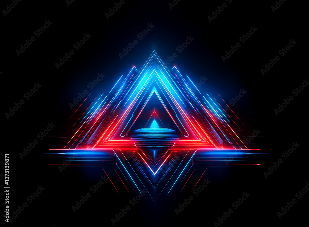 Poster vibrant geometric triangle art with dynamic blue and red neon light trails against a stark black bac