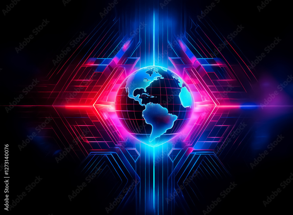 Poster neon globe surrounded by blue and red glowing lines on a dark background. a futuristic representatio