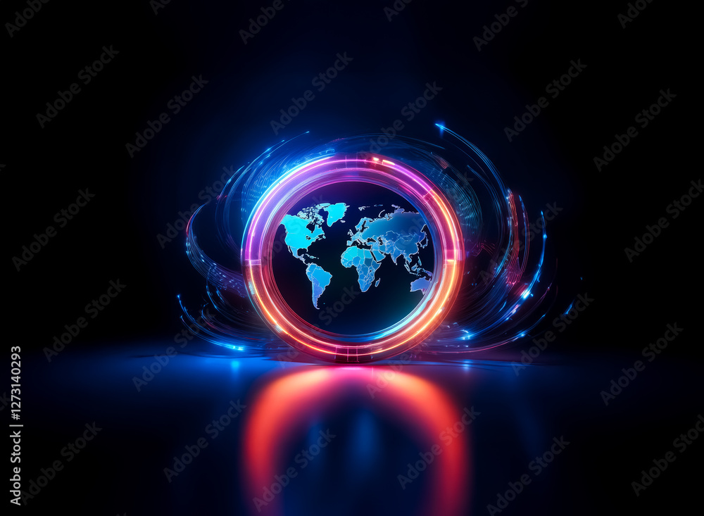 Poster a luminous world map is encircled by vibrant, swirling light. dynamic trails of blue and red energy 