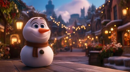 Obraz premium A cheerful snowman stands in a picturesque, snowy village adorned with festive lights and flowers, perfect for holiday-themed projects, children's media, or winter event promotions,