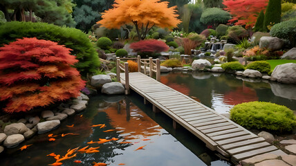 Fototapeta premium autumn in the park, A peaceful garden with red and orange leaves, a stone pathway, and a small wooden bridge over a pond