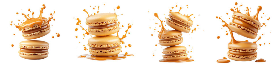 Macaron splashing in caramel glaze, isolate on white background. Mix collection cutout png.