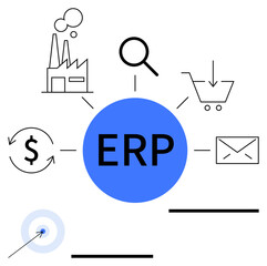 Blue ERP hub with icons of factory, magnifying glass, cart, dollar, email, and target. Ideal for business management, process optimization, analytics IT solutions supply chain finance abstract
