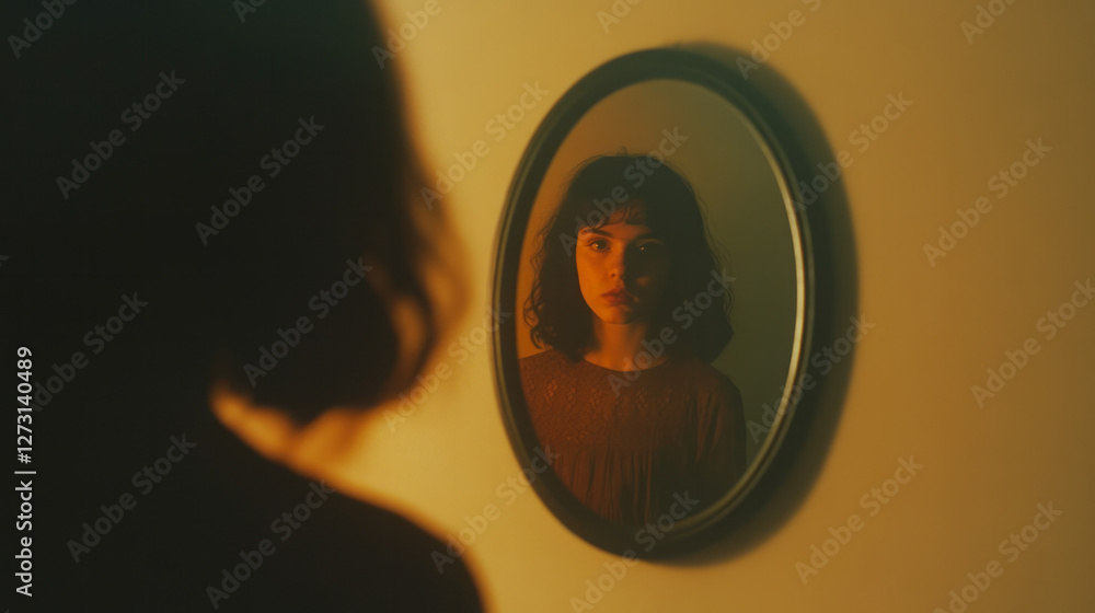 Poster softly lit composition focusing on a figure peering into a dark mirror, evoking introspection and
