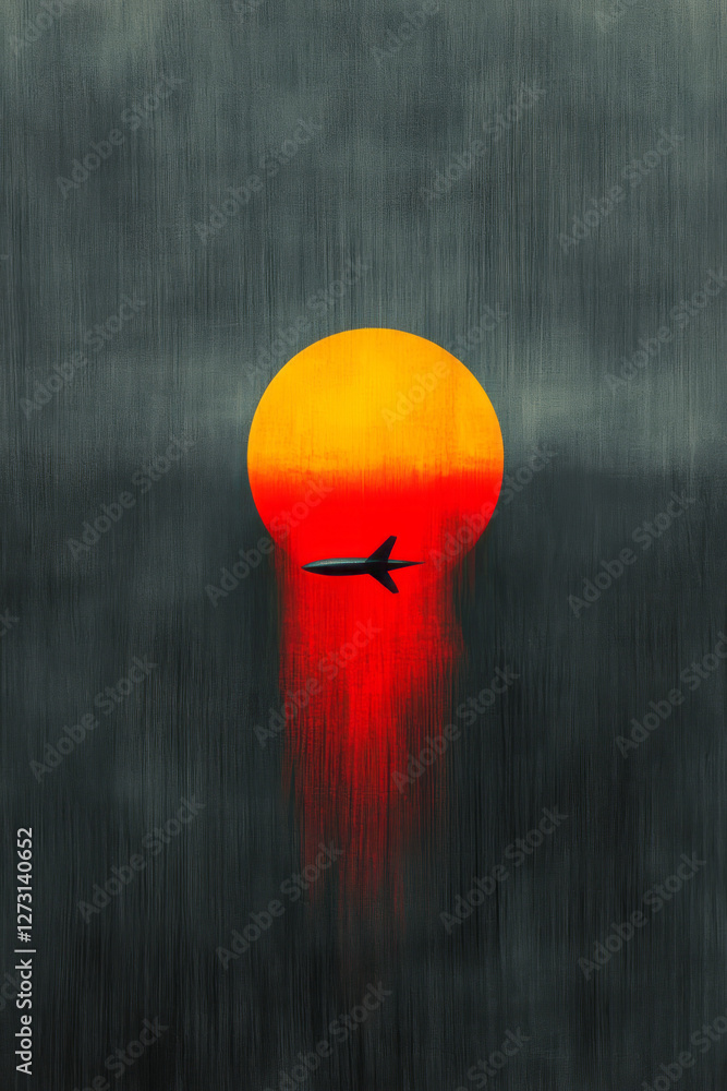 Poster brightly lit studio image featuring a small model airplane floating above a layered backdrop,