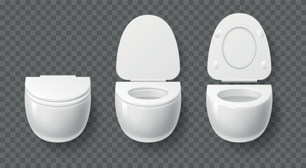 Ceramic indoor and outdoor toilet bowl. Realistic isolated on transparent background elements. Lavatory bathroom ceramic bowls with open and closed lid. Cloakroom or restroom vector concept