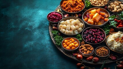 An elegant food spread ideal for Eid celebrations, featuring traditional dishes and vibrant fruits against a rich teal background, perfect for festive invitations and catering.