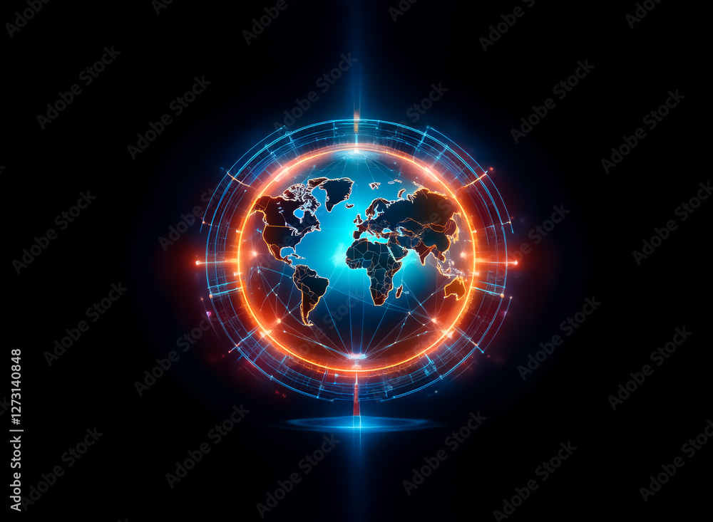 Poster a digital globe with luminous blue and orange lines and points is centered against a black backdrop,