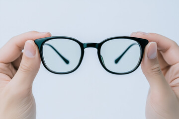 Minimalistic shot of an ophthalmologist wearing a white coat, holding a stylish pair of glasses