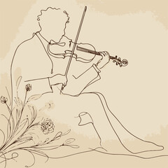 Violinist Performing with Graceful Elegance Against Floral Minimalist Background