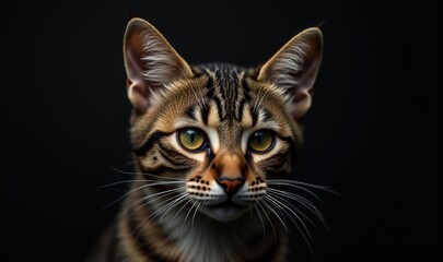 Obraz premium Stunning close-up of a Bengal cat showcasing its striking features and vivid expression against a dark background. Perfect for animal lovers, pet care, and nature enthusiasts.