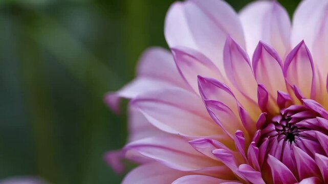 A stunning macro shot of a fully bloomed pink dahlia, showcasing intricate petal details with soft gradients of color. The flower's symmetry and delicate textures create a mesmerizing natural pattern.