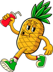 Happy Pineapple Tropical Summer Vibes Cartoon Character in Retro Vintage Style	
